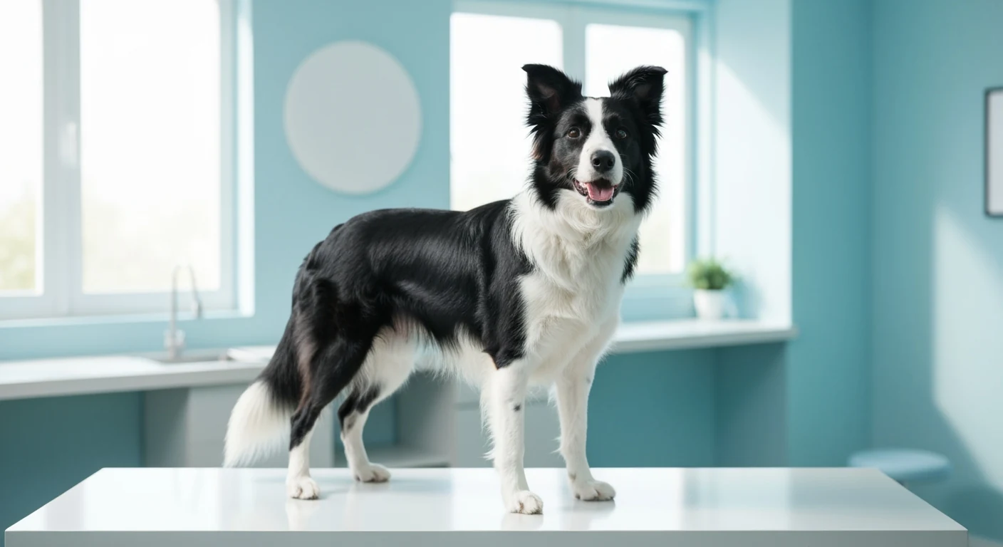 Border Collie standing on an exam table during a veterinary check