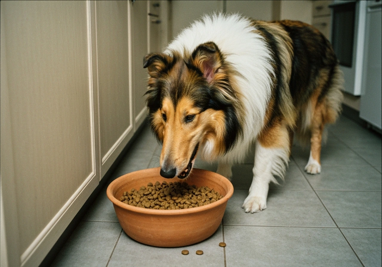 Colley with food bowl