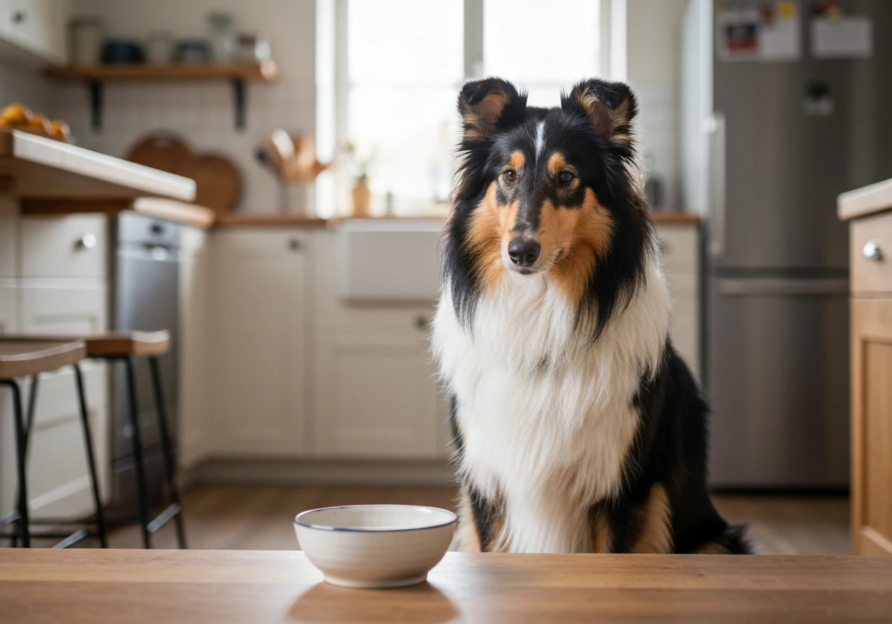 Colley with food bowl