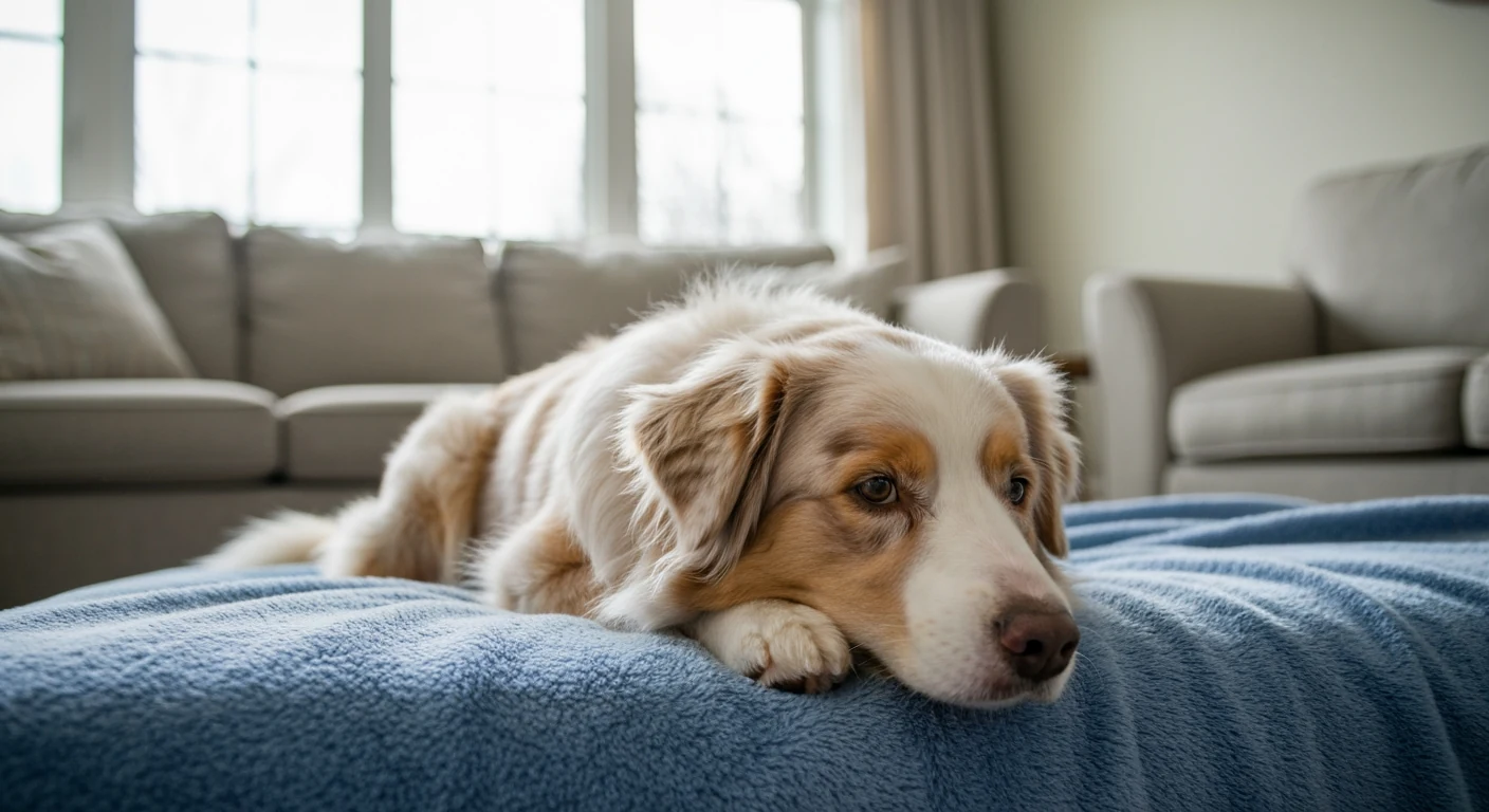 Australian Shepherd lying calmly on a blanket at home